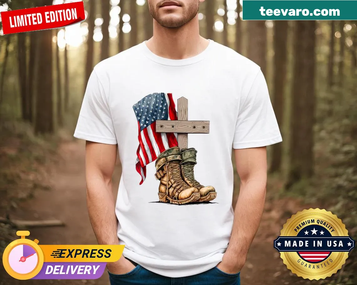 Vintage distressed patriotic t-shirt with memorial cross design — on a men's t-shirt
