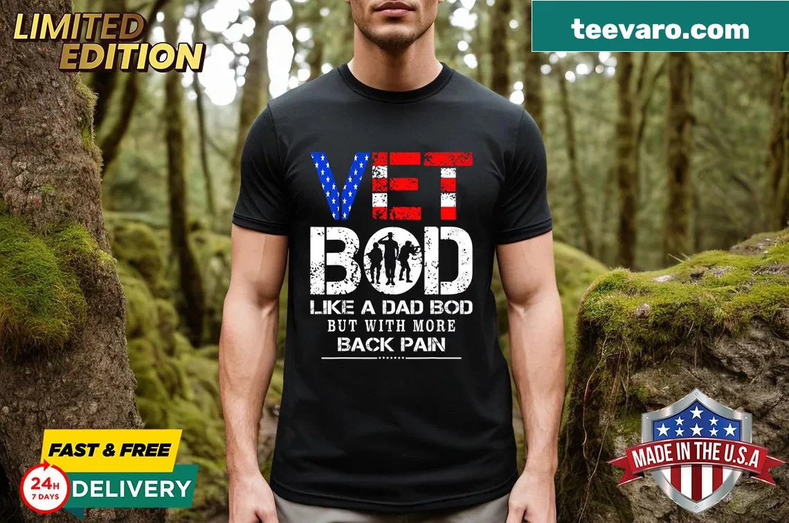 Funny T-shirt about veteran bod humor — on a men's t-shirt