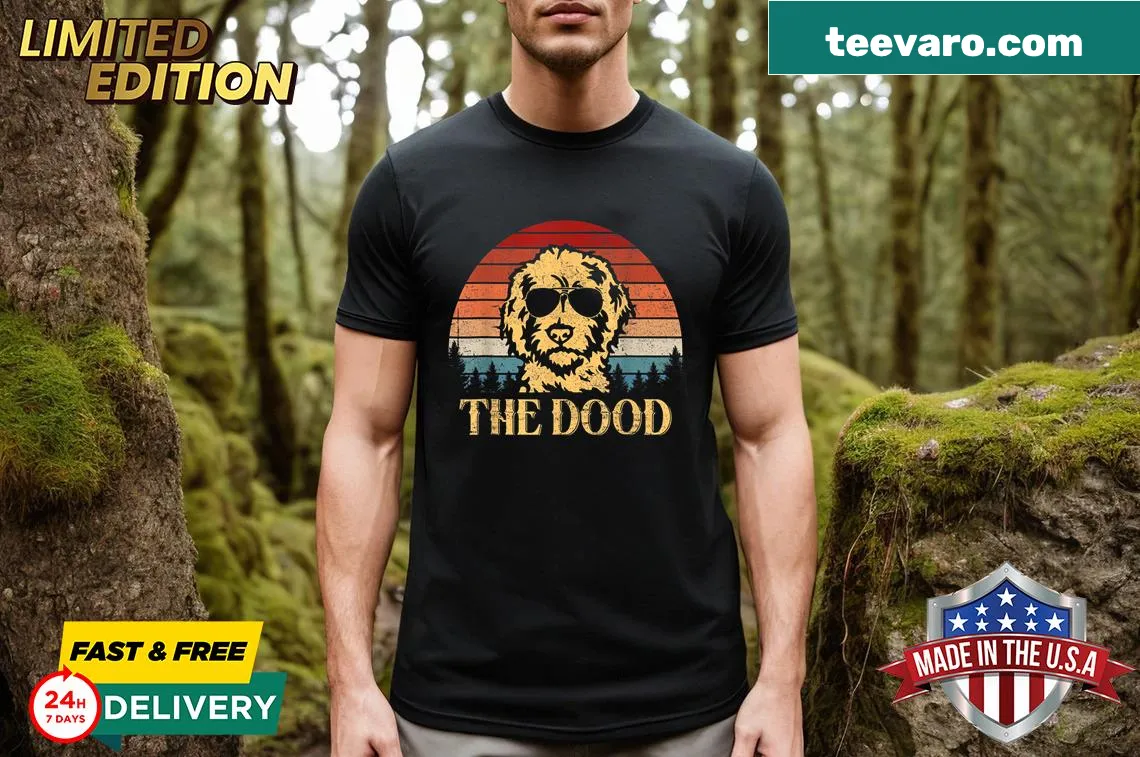Vintage Goldendoodle cartoon t-shirt — on a men's t-shirt