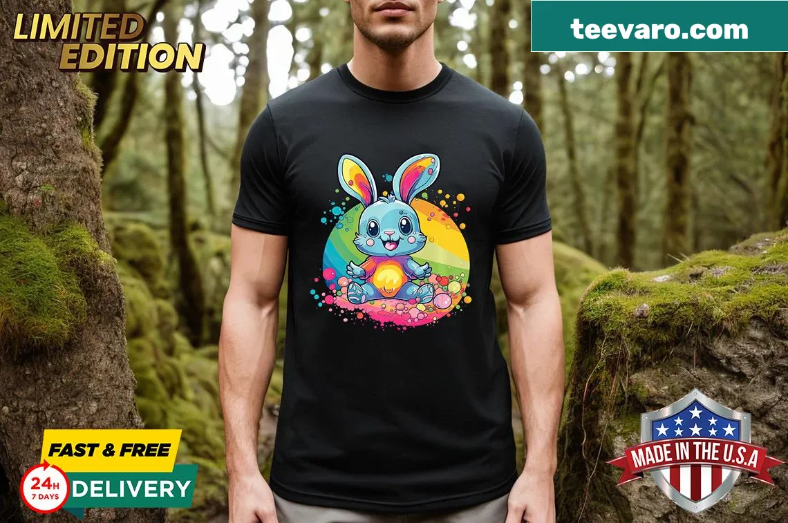 Cute T-shirt with a rainbow Easter bunny and cartoon egg — on a men's t-shirt
