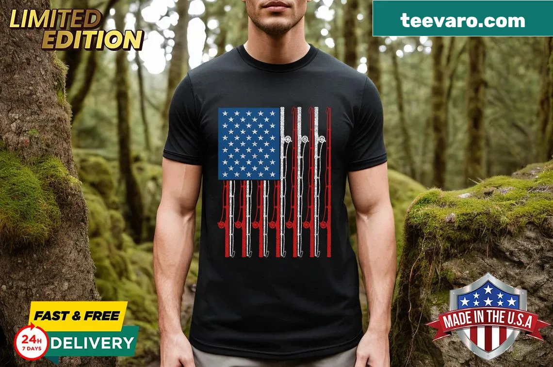 American flag and fishing rod design T-shirt for Dad — on a men's t-shirt