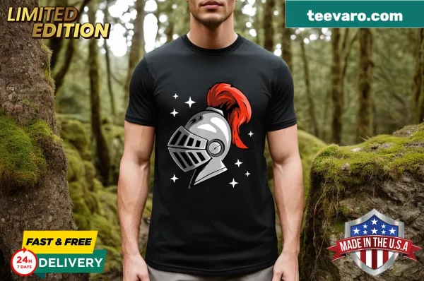Cartoon knight helmet graphic on a humorous sports t-shirt