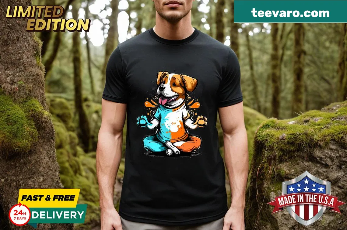 Cartoon dog in yoga pose on a women's T-shirt — on a men's t-shirt