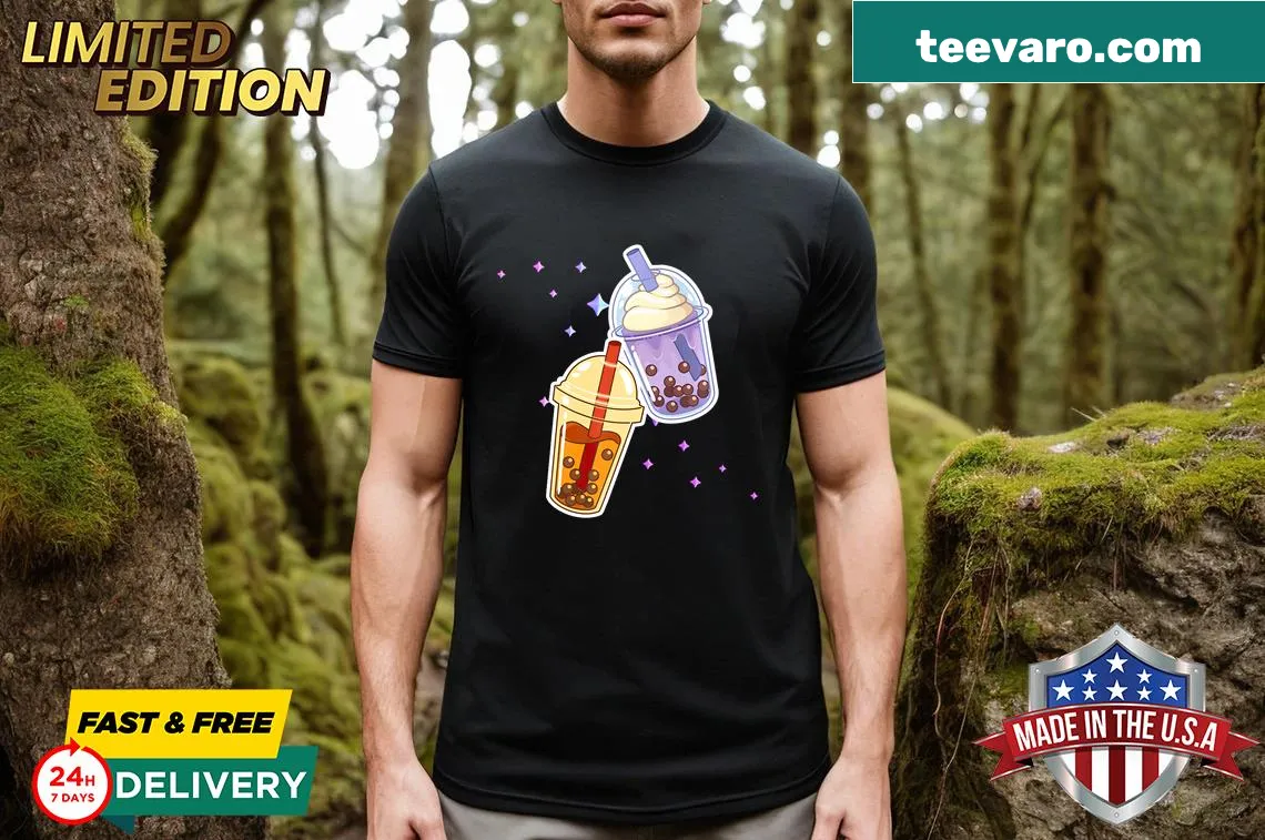 Kawaii cartoon bubble tea and drinks graphic on t-shirt — on a men's t-shirt