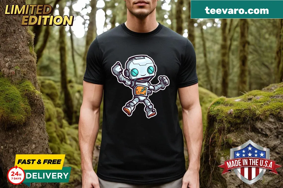 Excited cartoon robot graphic T-shirt for men — on a men's t-shirt