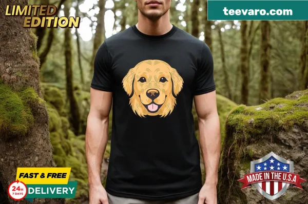 Cartoon golden retriever T-shirt with happy puppy graphic