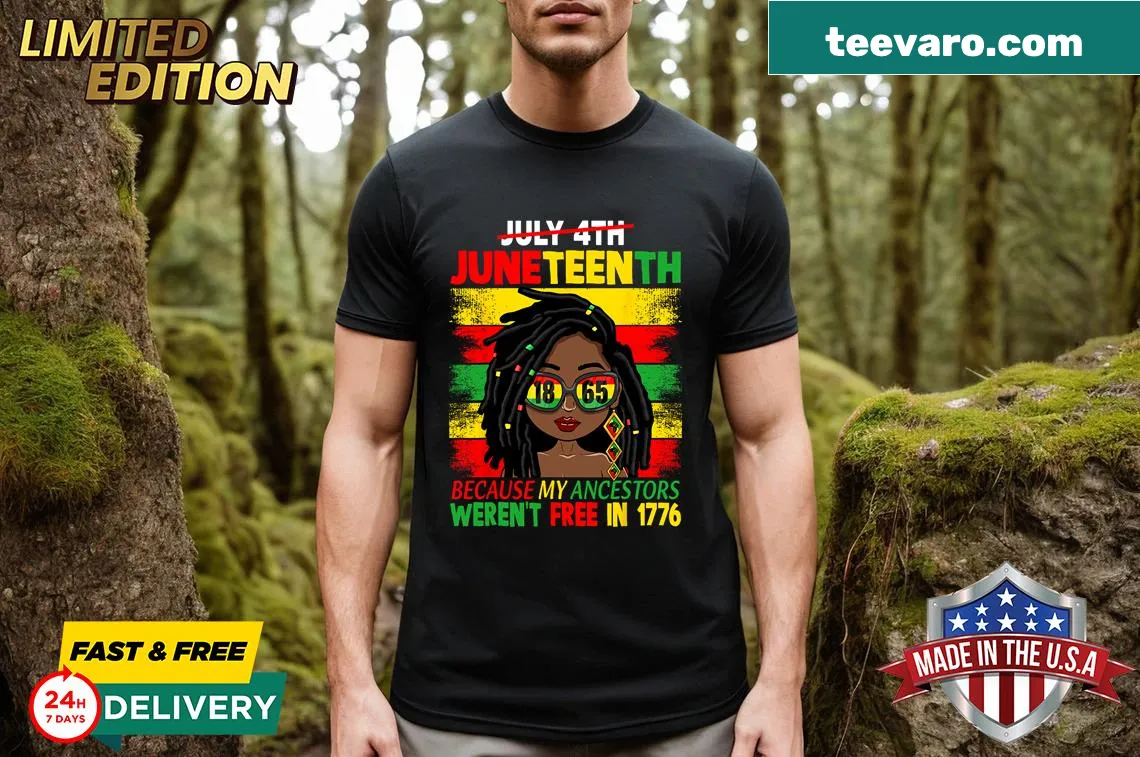 T-shirt celebrating Juneteenth with proud text for Black women — on a men's t-shirt