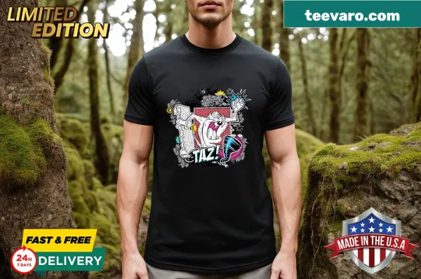 Energetic Taz graphic t-shirt with playful door breaking illustration