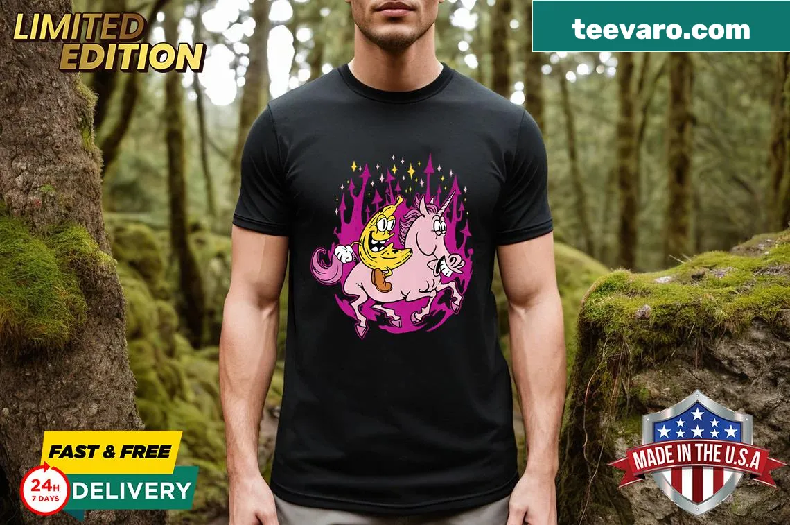 T-shirt with fun cartoon of a unicorn riding a banana. — on a men's t-shirt