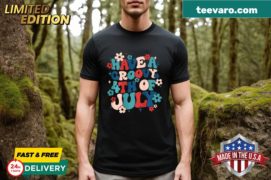 Retro T-shirt with flowers and U.S. flag design for Fourth of July. — on a men's t-shirt