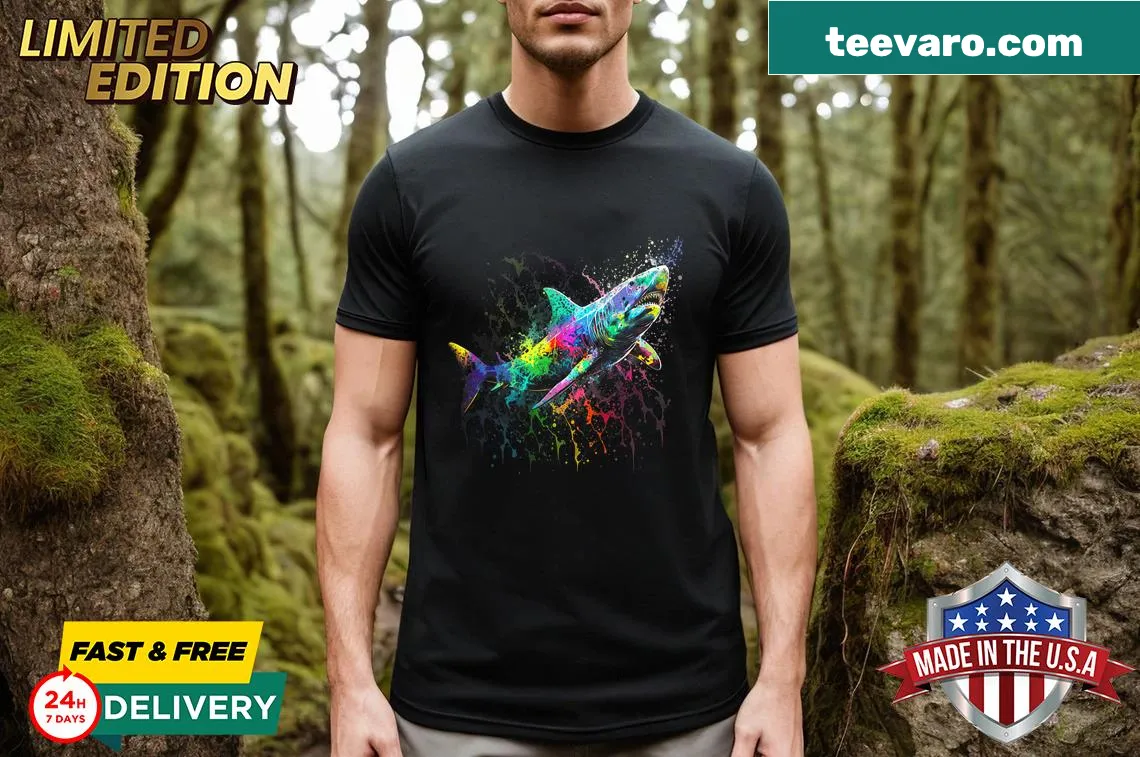 Novelty T-shirt featuring a cartoon shark graphic for beach lovers. — on a men's t-shirt