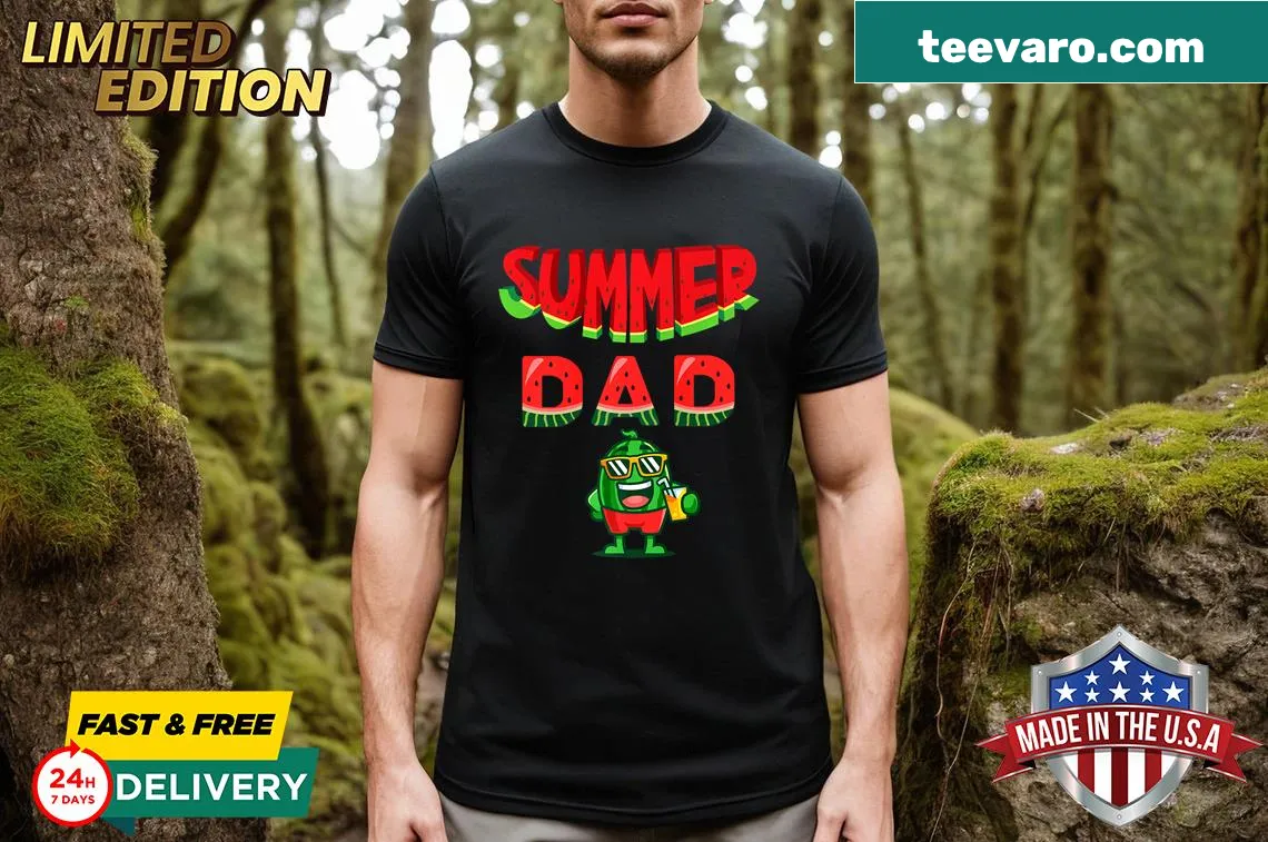 Cartoon graphic of a cool dad with watermelon for women — on a men's t-shirt