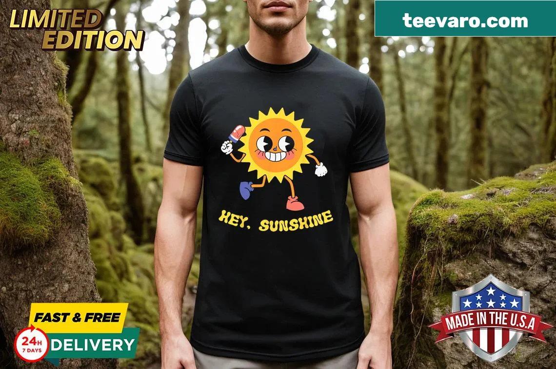 Cartoon sun design with diamond effect on a T-shirt — on a men's t-shirt
