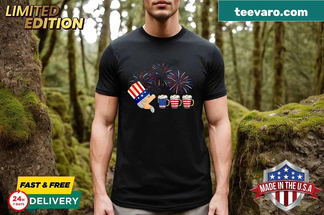 T-shirt featuring Uncle Sam with beer glasses for Independence Day — on a men's t-shirt