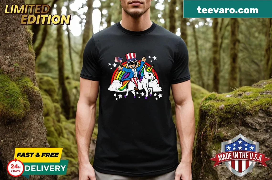 Vintage T-shirt with Uncle Sam on a unicorn rainbow for July 4th — on a men's t-shirt