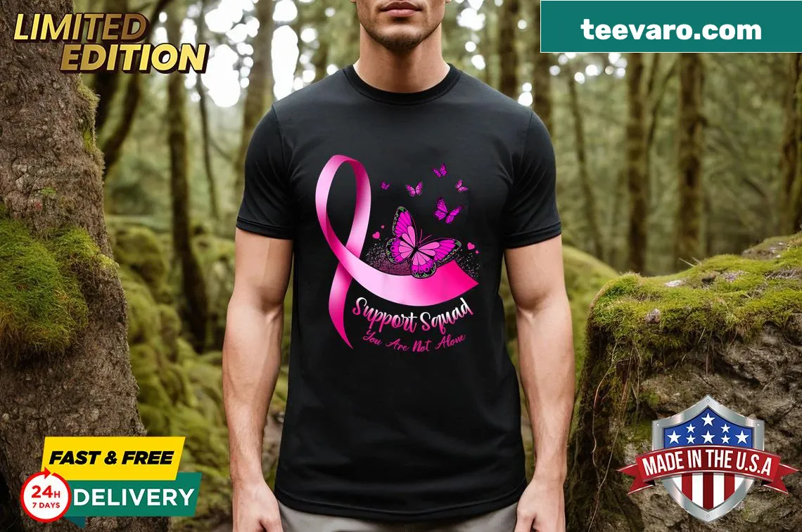 Butterfly design T-shirt that supports breast cancer warriors. — on a men's t-shirt