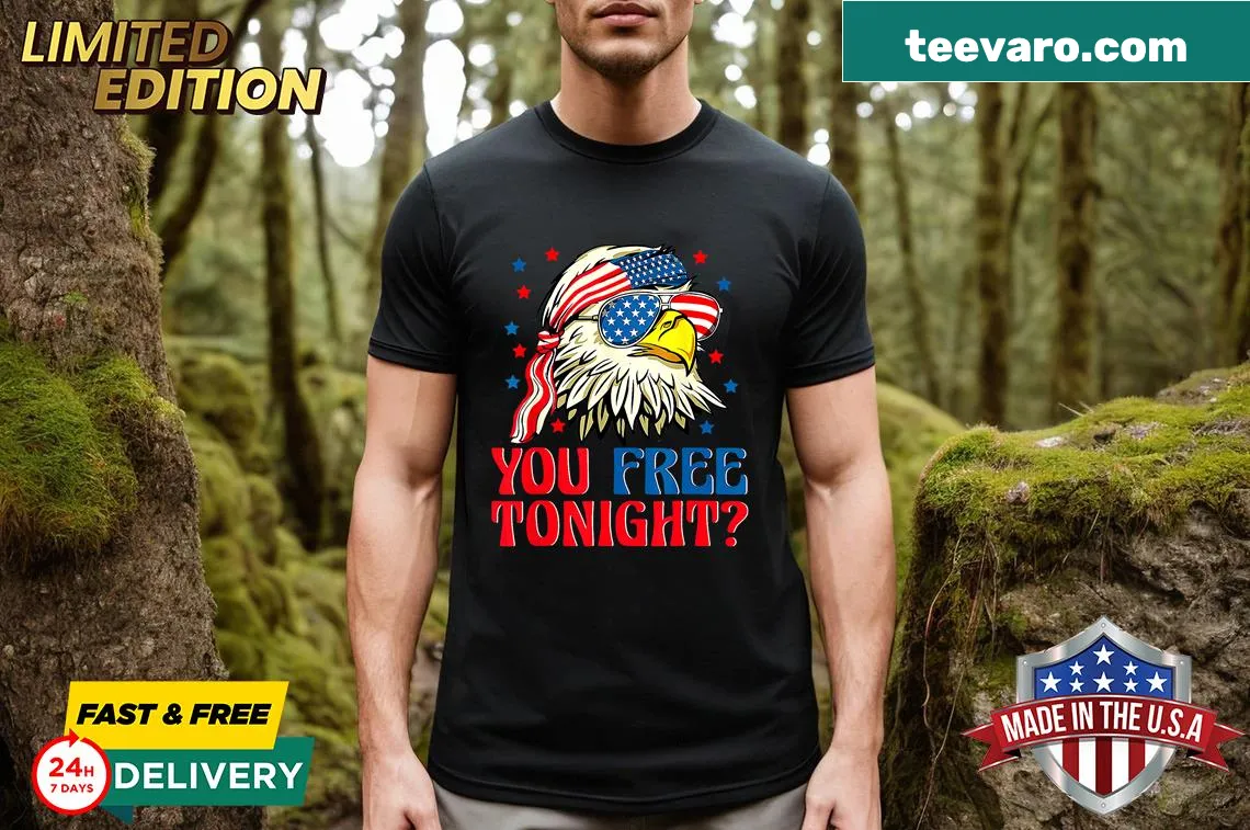 T-shirt featuring a bald eagle with a mullet and American flag — on a men's t-shirt