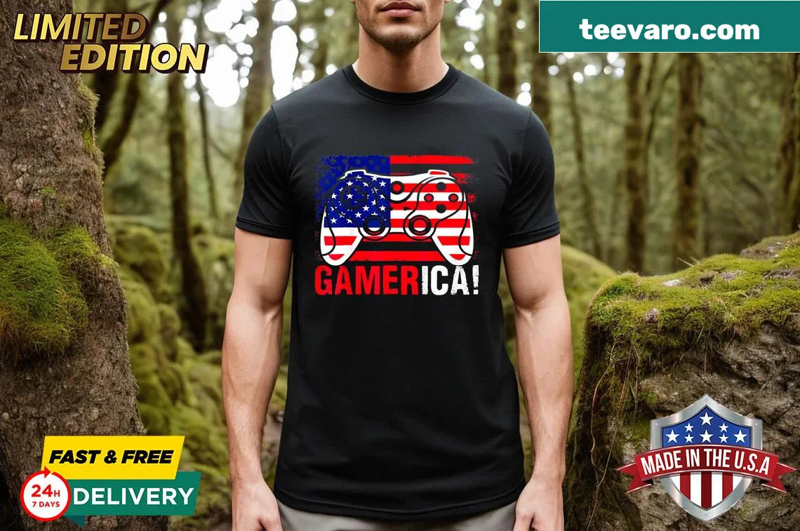 Video game controller merged with USA flag design for kids — on a men's t-shirt