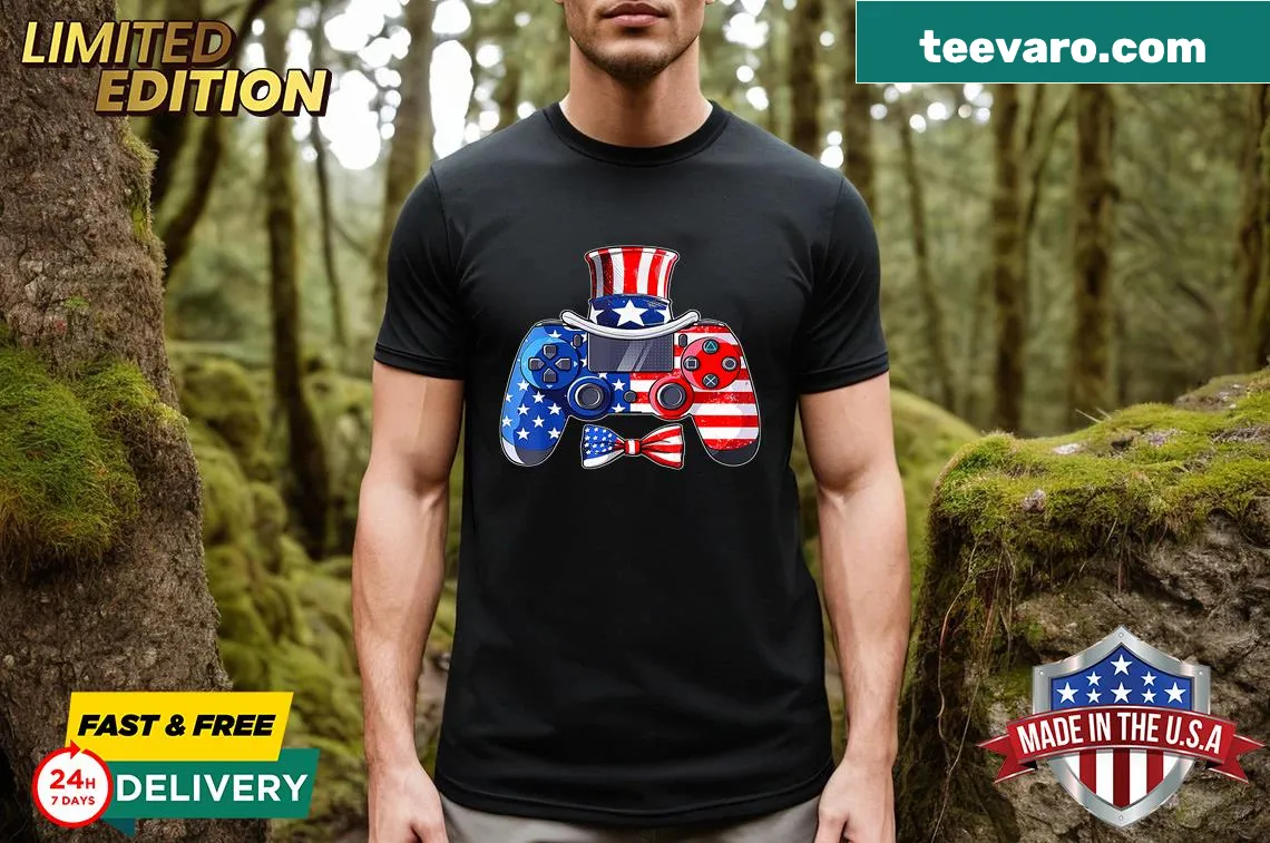 Oversized T-shirt with video game and USA flag graphic for kids — on a men's t-shirt