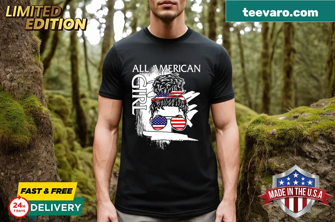 Funny All American Girl t-shirt with messy bun and USA flag design — on a men's t-shirt