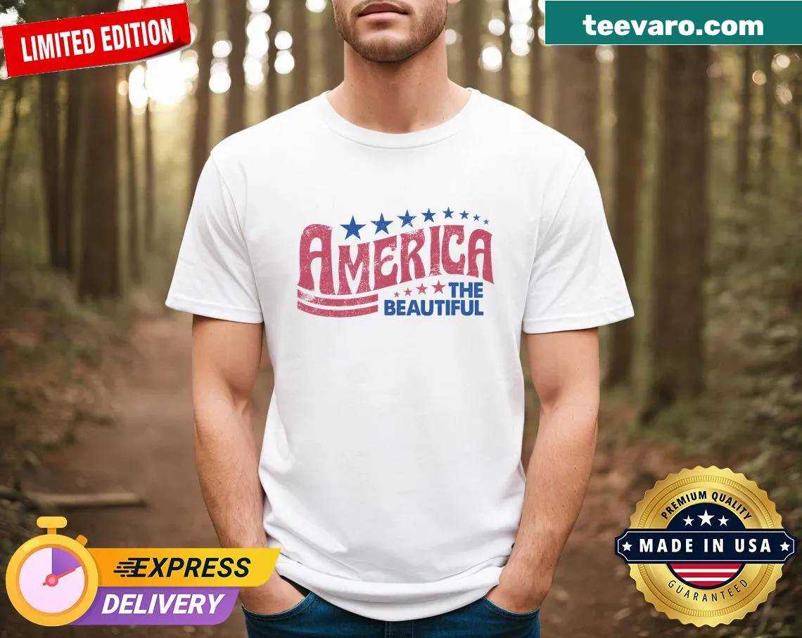 Vintage-style American Fourth of July T-shirt with 'America The Beautiful' text — on a men's t-shirt