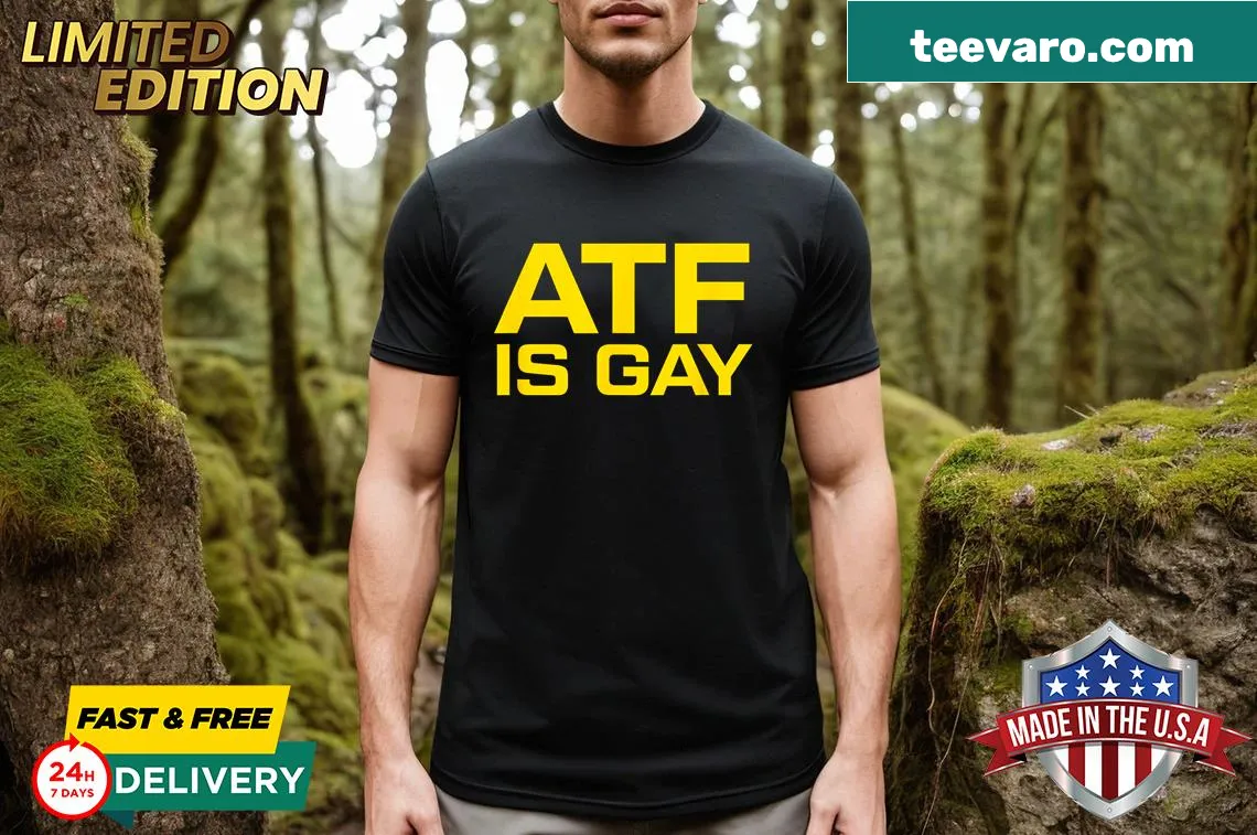 Humorous t-shirt featuring the phrase 'Angelic Atf Is Gay'. — on a men's t-shirt