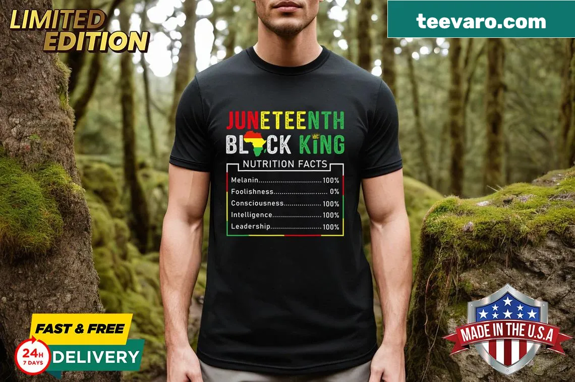 Embroidered T-shirt celebrating Juneteenth with 'Black King' text — on a men's t-shirt