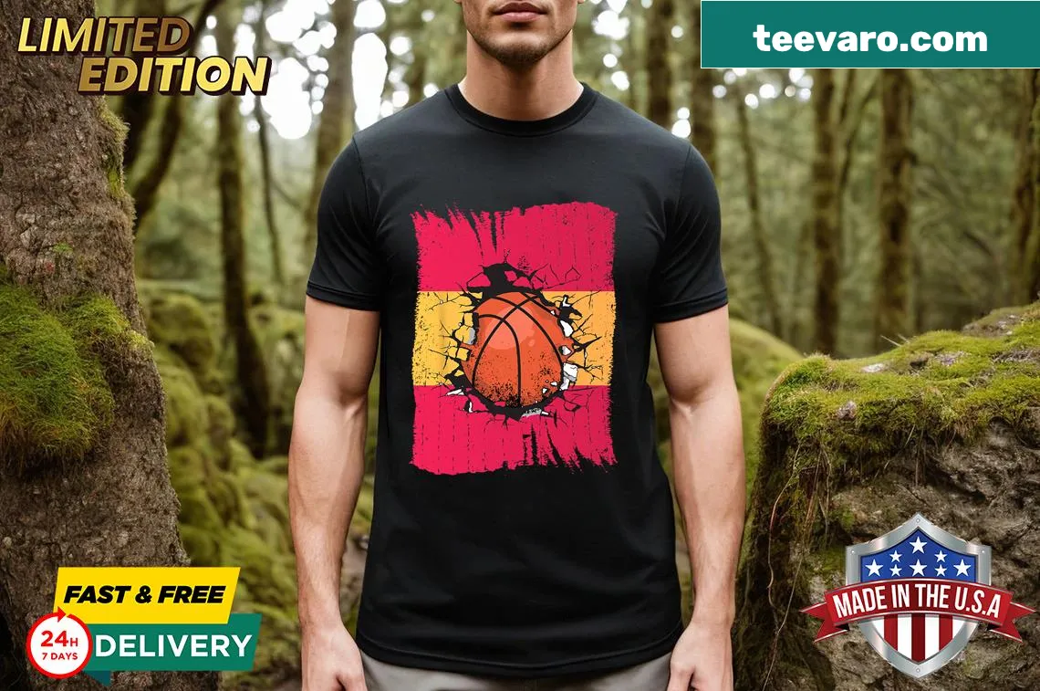 Basketball t-shirt featuring the Spanish national flag — on a men's t-shirt