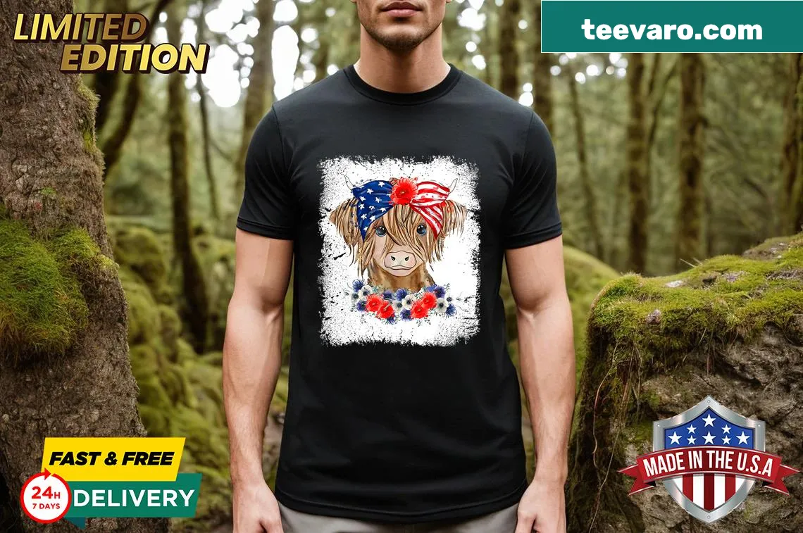 Patriotic T-shirt with a long-haired calf graphic for Fourth of July — on a men's t-shirt