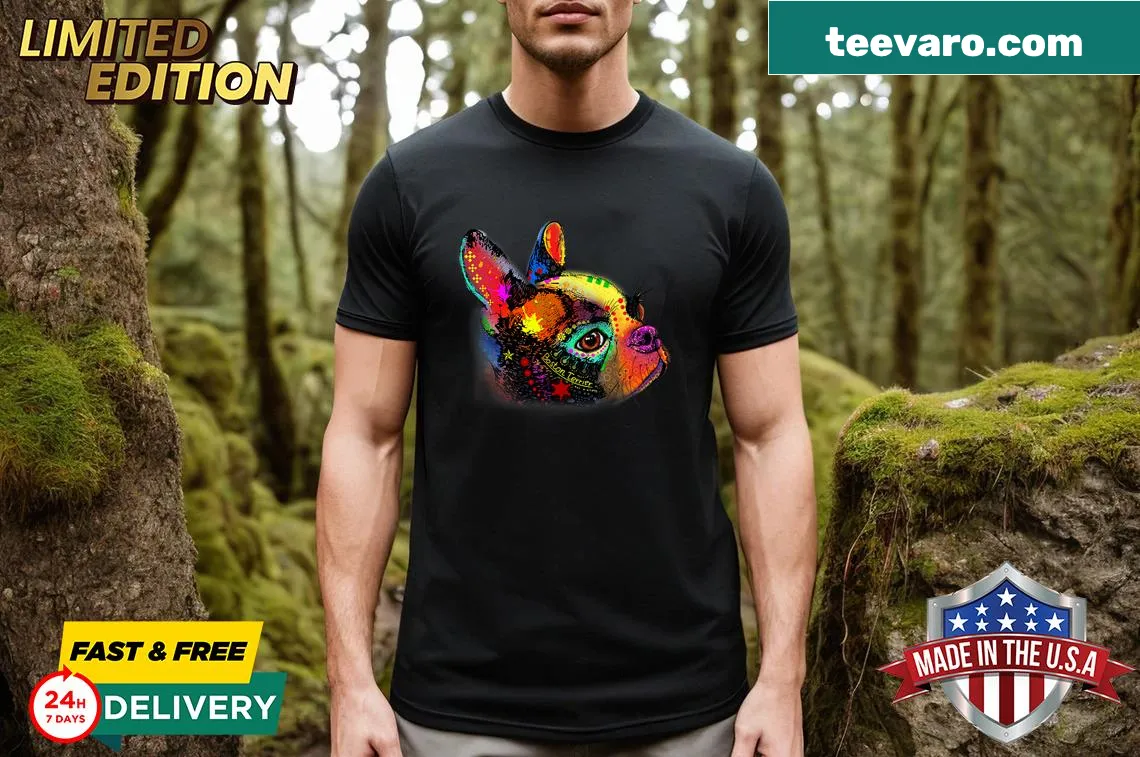 T-shirt featuring a Boston Terrier with hippie vibes — on a men's t-shirt