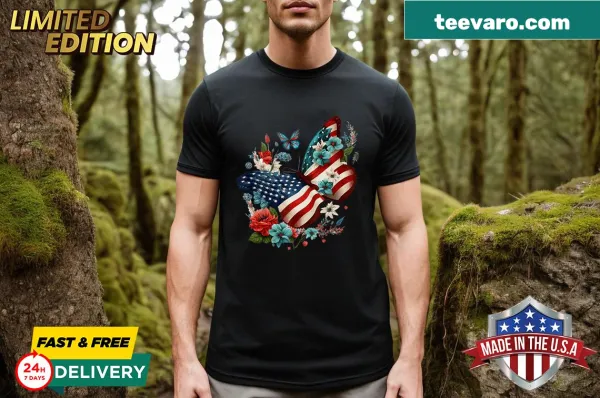 Vintage-style butterfly and USA flag floral t-shirt for women