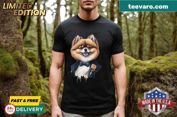 Illustration of a funny Pomeranian dog in formal clothes on t-shirt