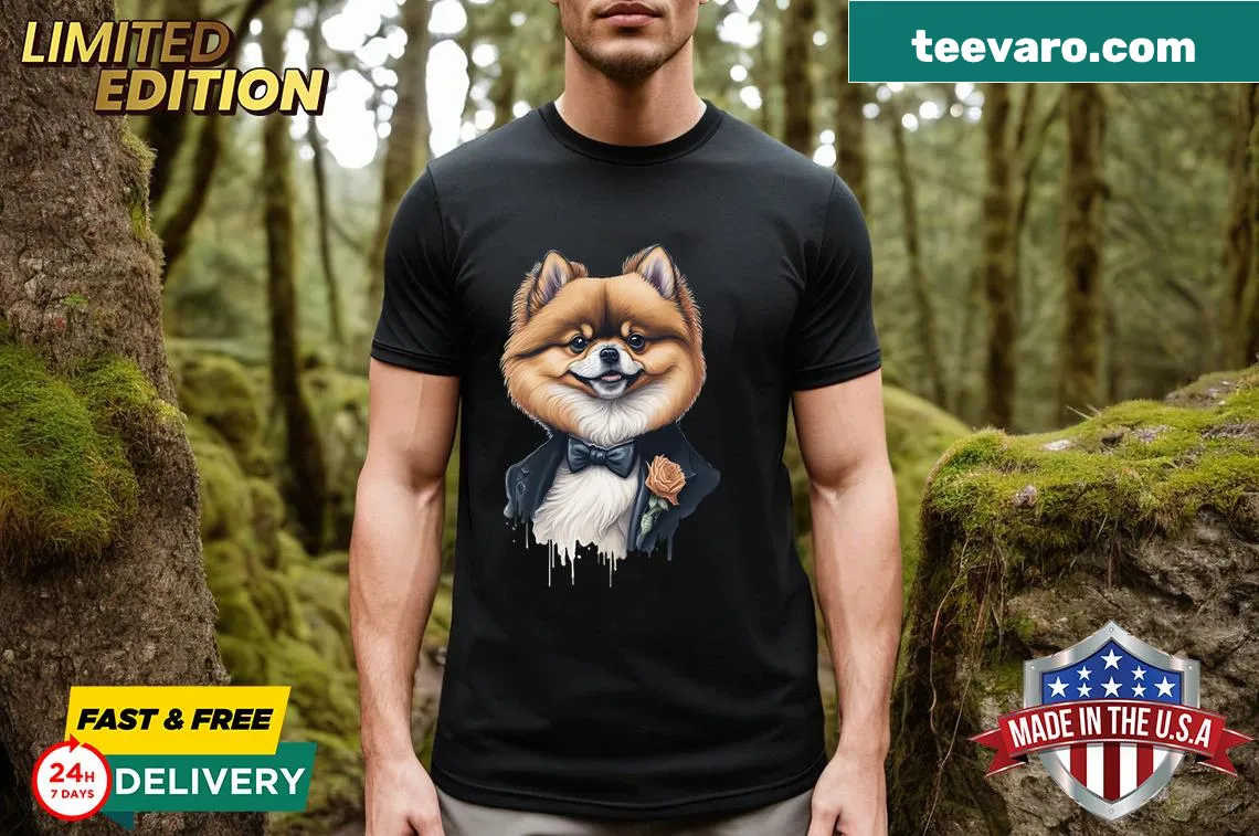 Illustration of a funny Pomeranian dog in formal clothes on t-shirt — on a men's t-shirt
