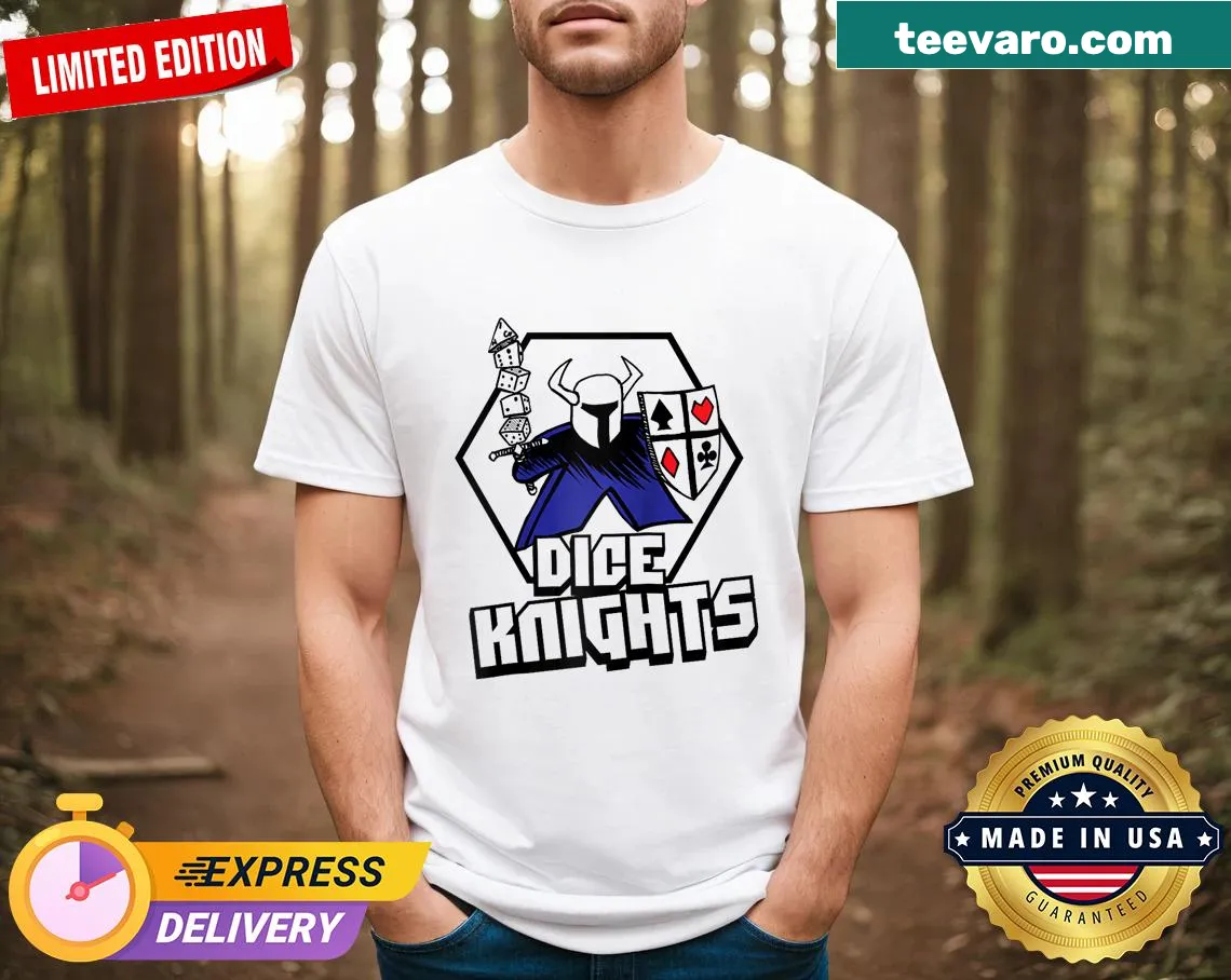 Cartoon knights with dice in a wargaming design on baseball tee — on a men's t-shirt