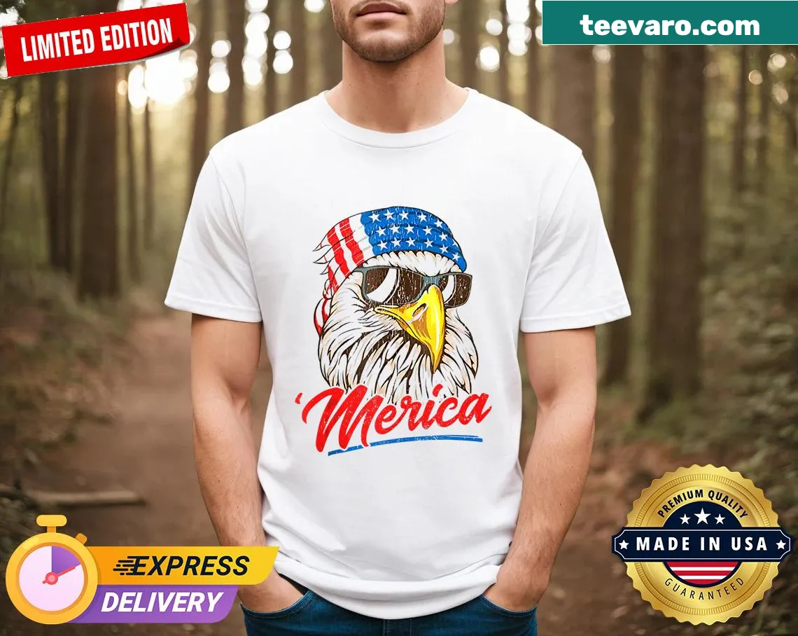 Eagle with mullet design in American flag for Fourth of July t-shirt — on a men's t-shirt