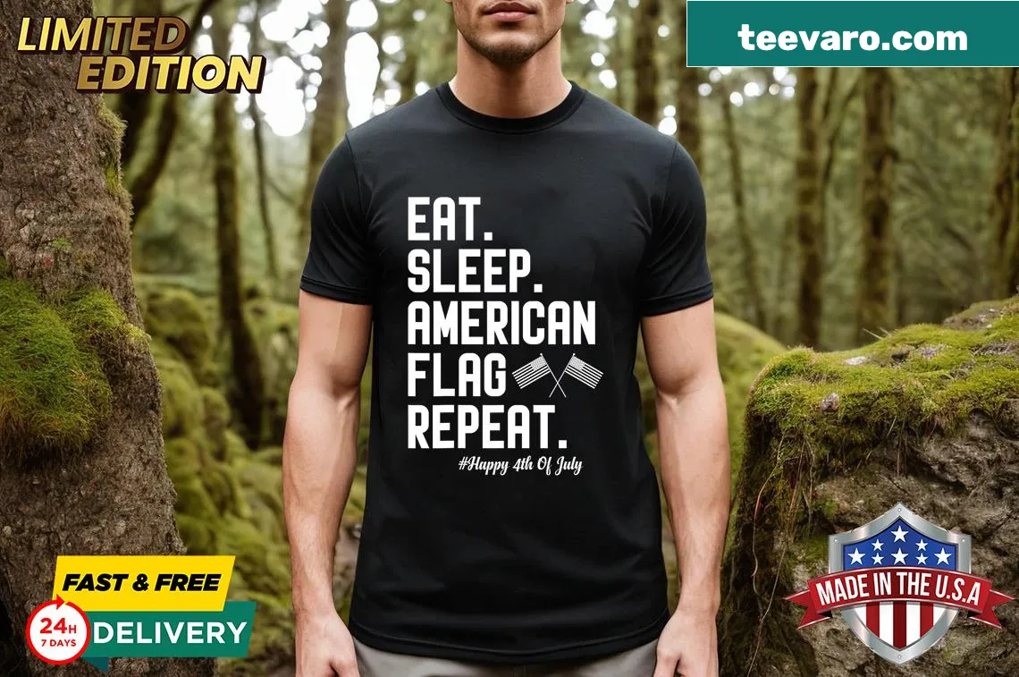Fourth of July t-shirt with 'Eat Sleep American Flag Repeat' graphic — on a men's t-shirt