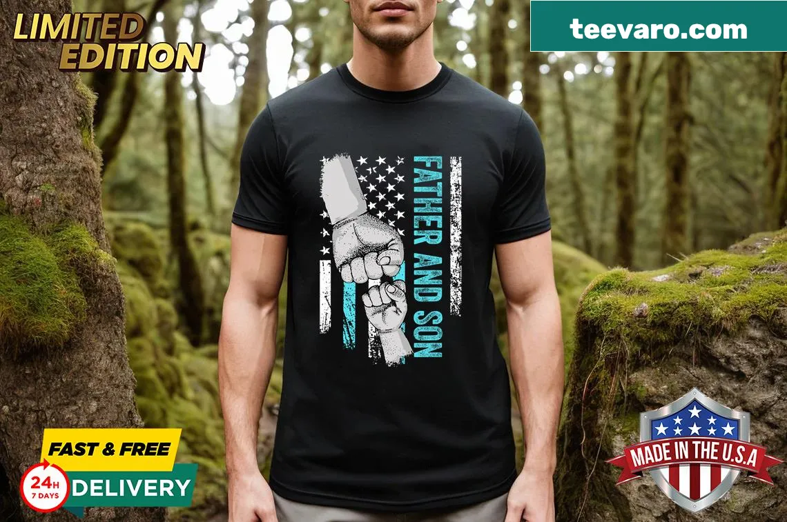 Matching Father and Son t-shirt with American flag design — on a men's t-shirt