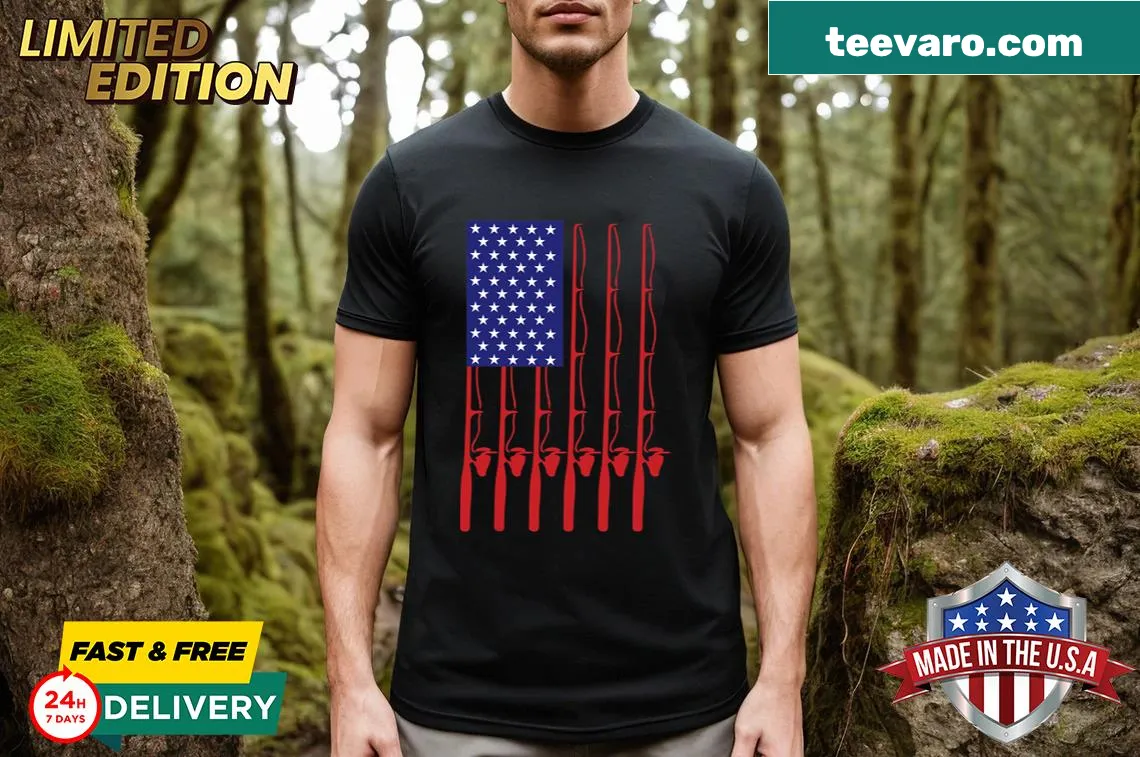 Fathers Day t-shirt with fishing flag graphic and humorous text — on a men's t-shirt