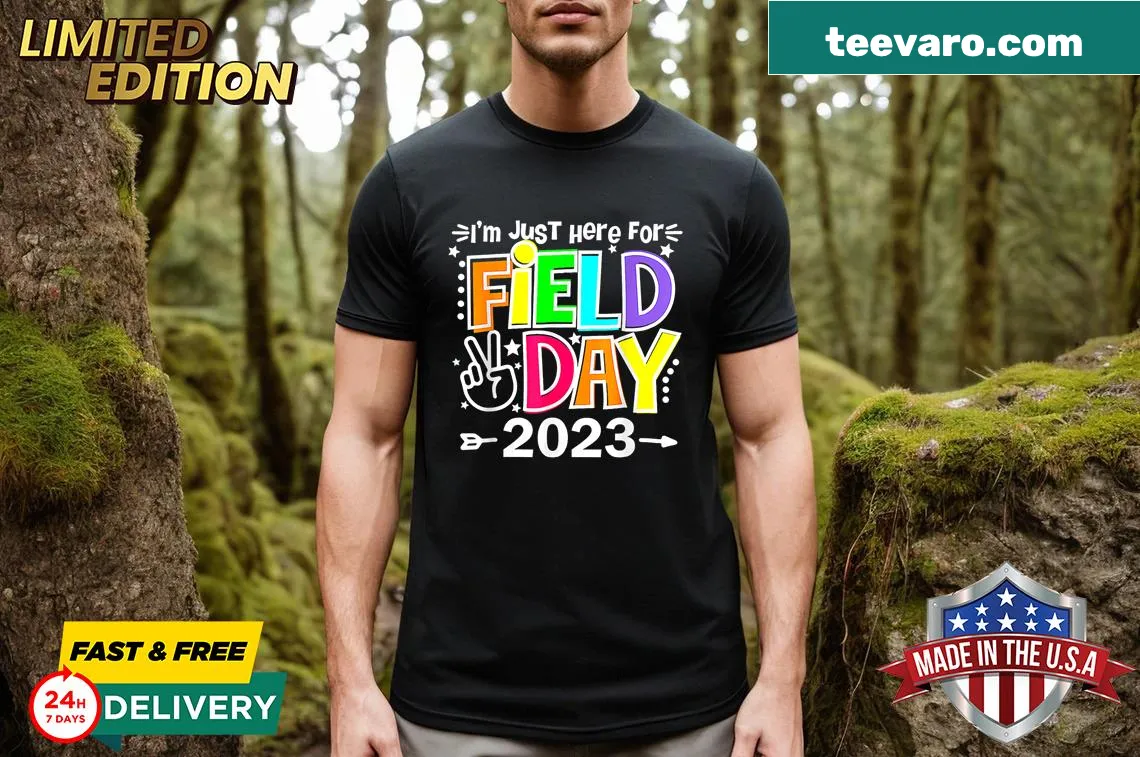 Teacher t-shirt with 'I'm Just Here For Field Day 2023' text — on a men's t-shirt