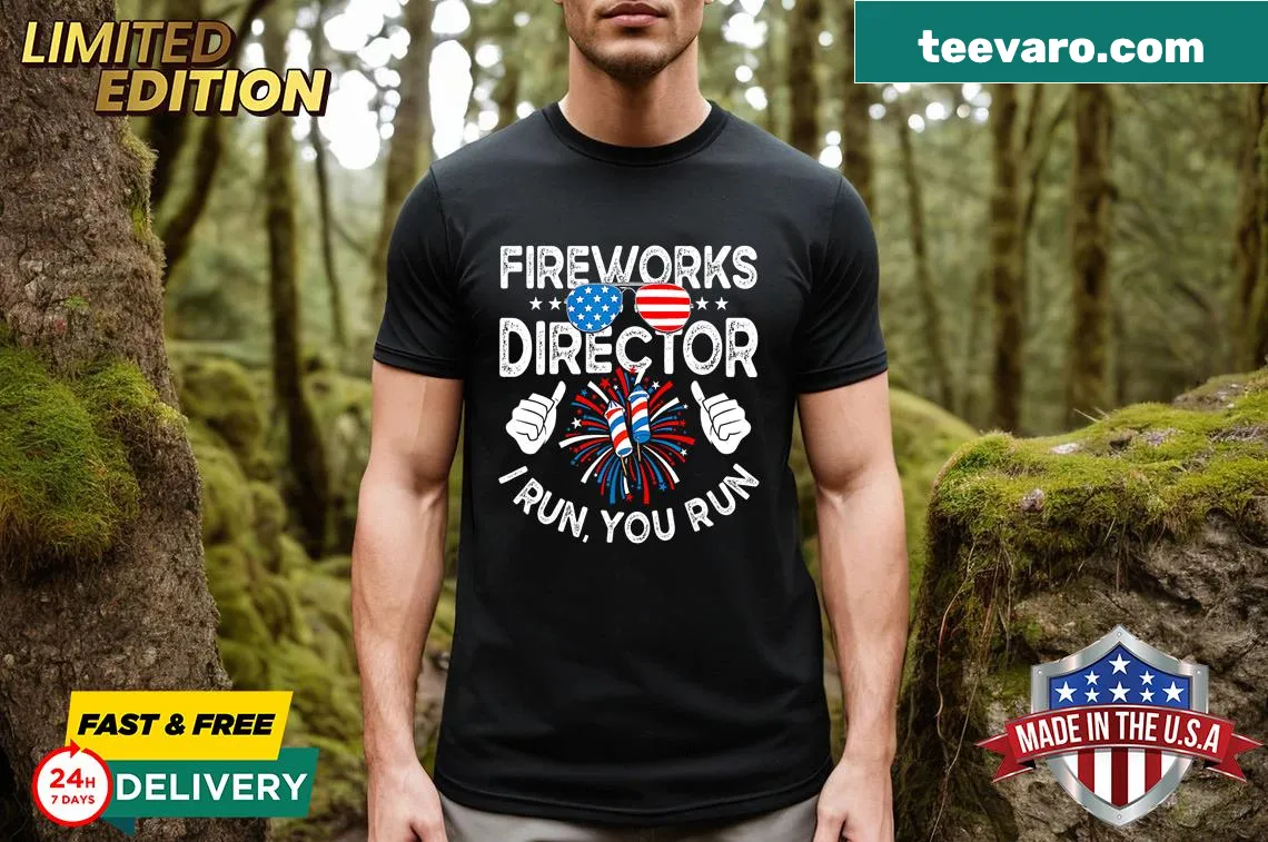 Funny fireworks director illustration for Fourth of July t-shirt — on a men's t-shirt