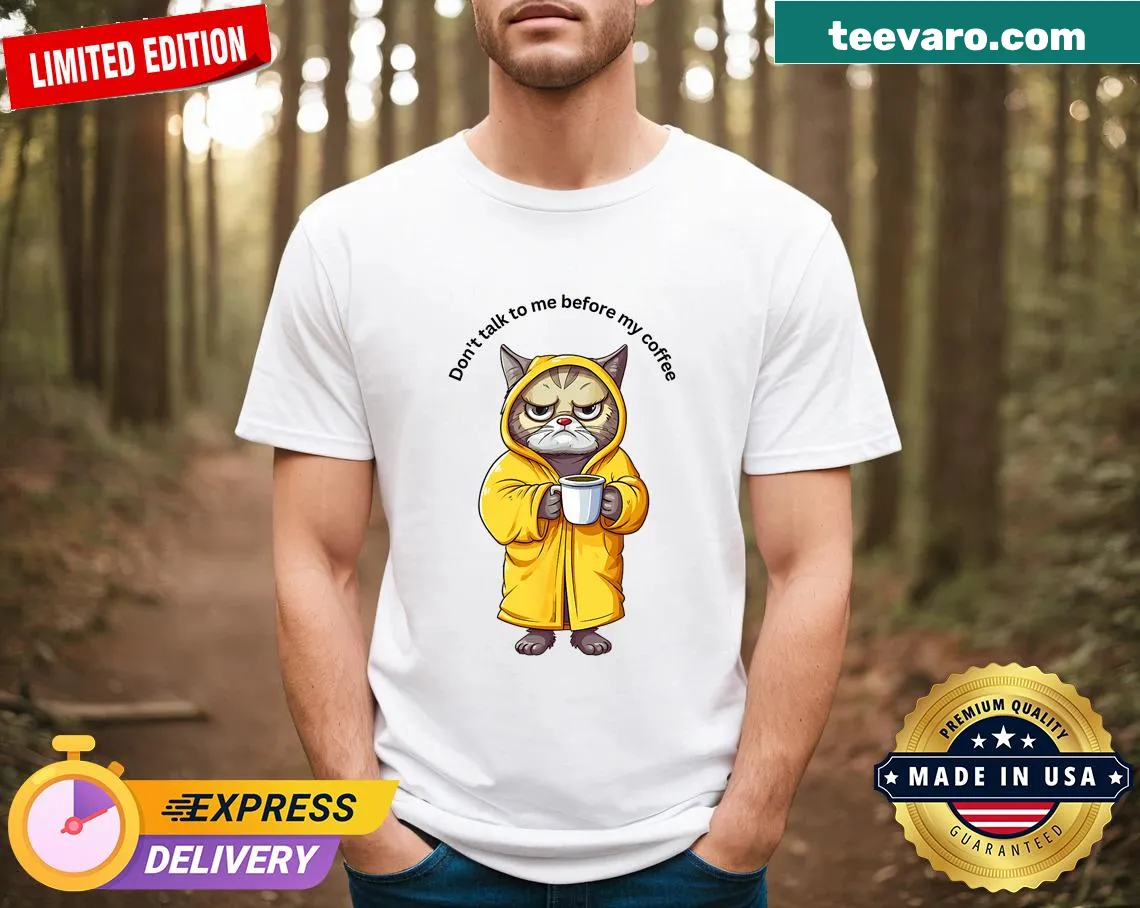 Humorous t-shirt featuring coffee and cat graphics — on a men's t-shirt