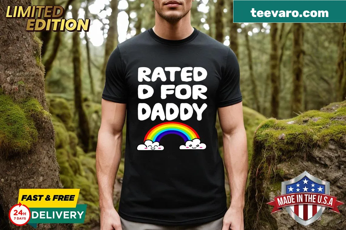 Vintage LGBTQ t-shirt with humorous 'Rated D for Daddy' text — on a men's t-shirt
