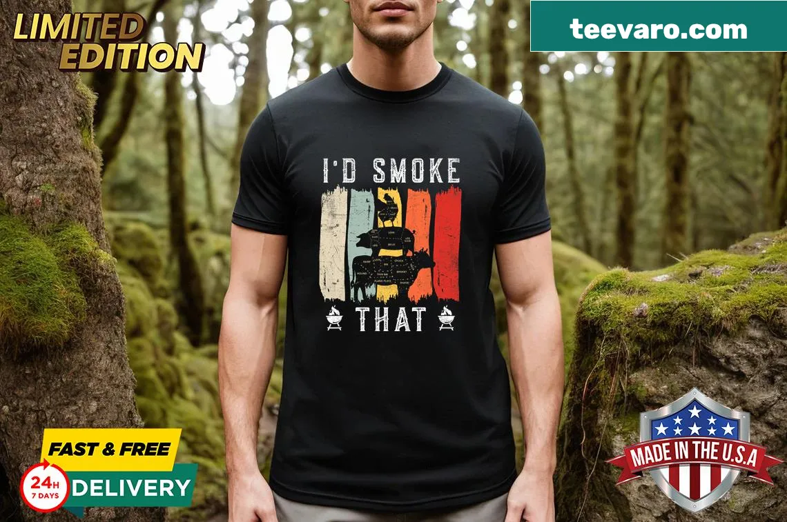 Retro BBQ party shirt featuring humorous smoker chef text for dad — on a men's t-shirt