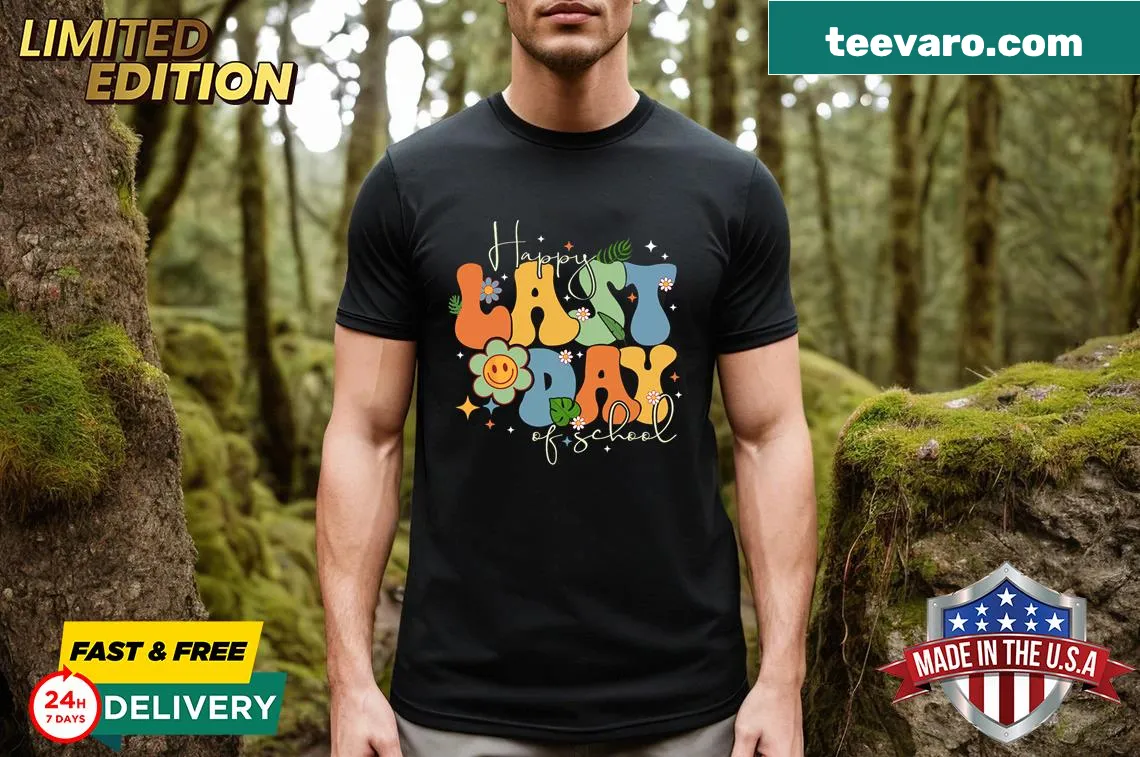 Playful last day of school t-shirt with groovy text and floral design — on a men's t-shirt