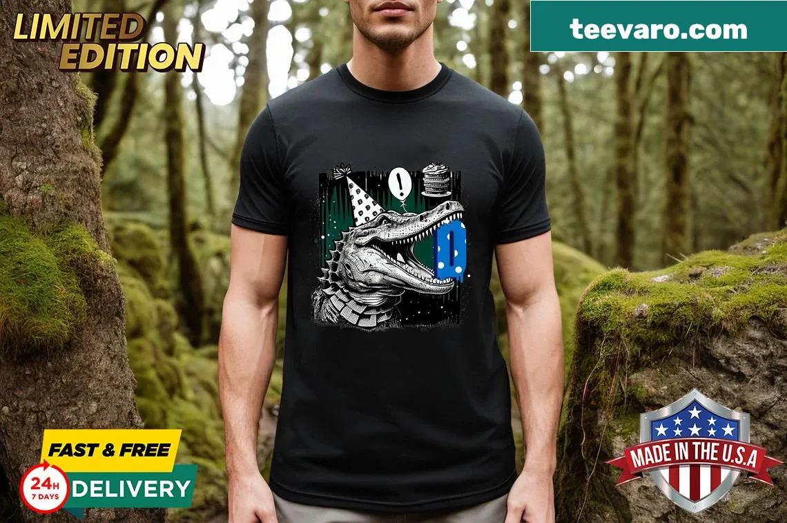 Embroidery of a playful crocodile with capital D on a kids' t-shirt — on a men's t-shirt