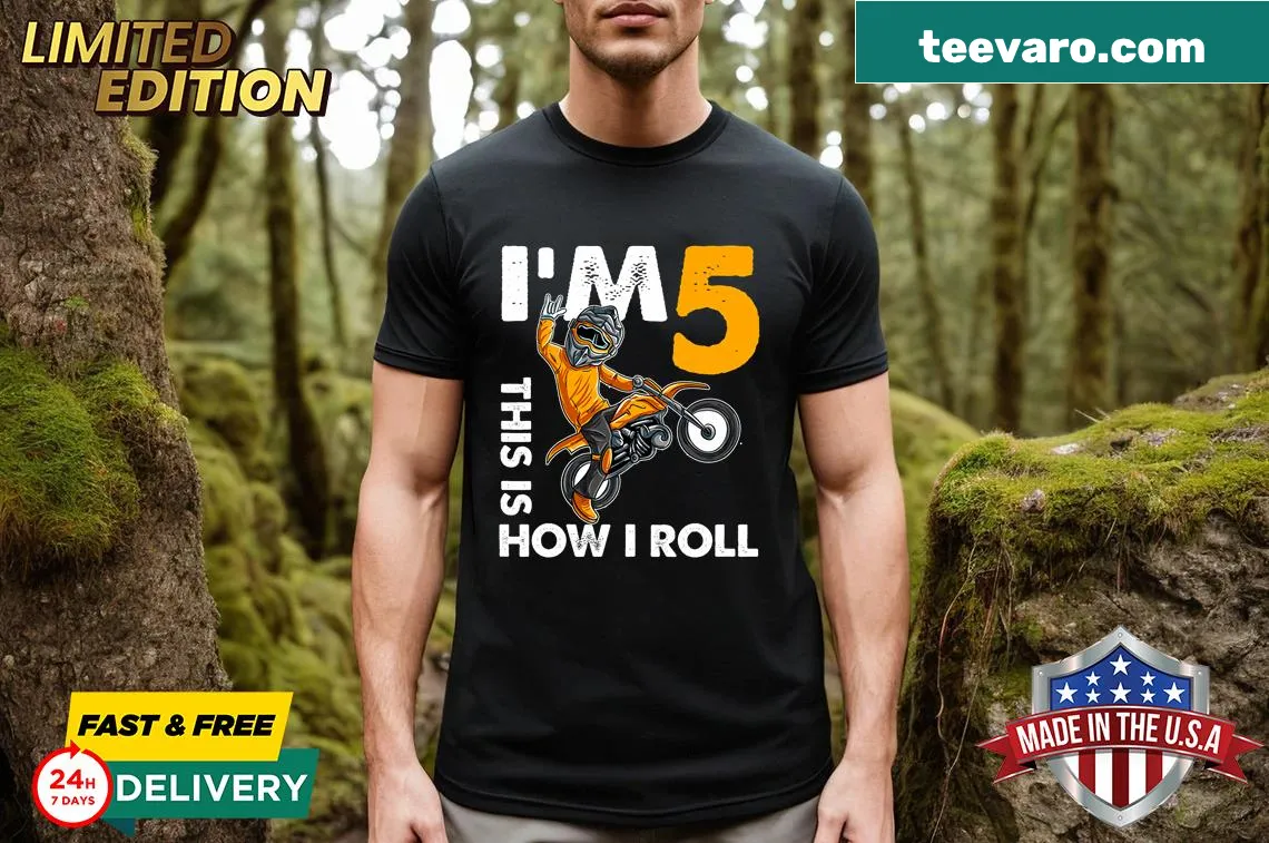 Birthday T-shirt for boys with a dirt bike graphic celebrating turning 5. — on a men's t-shirt
