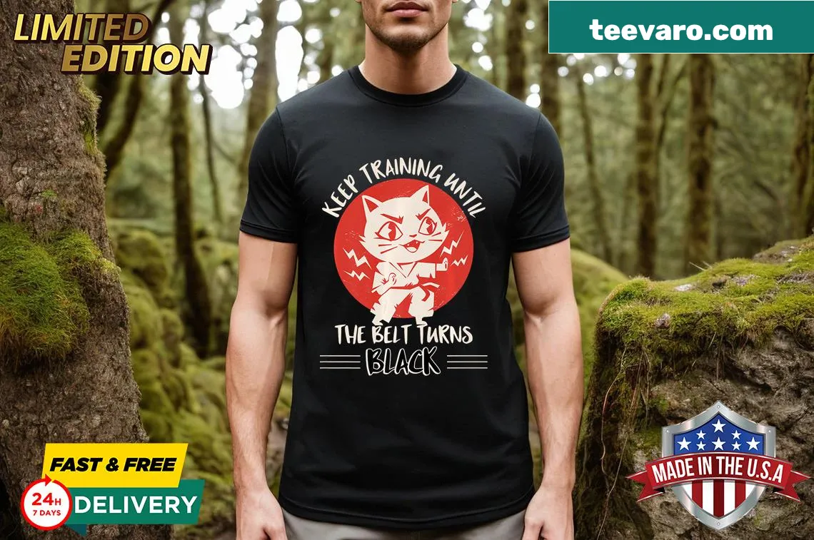 Inspirational karate quote t-shirt with cat design — on a men's t-shirt