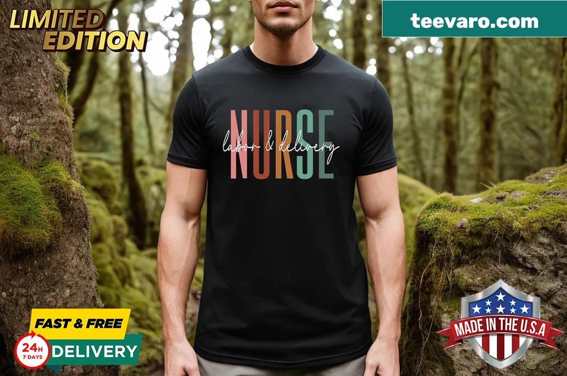 Labor and delivery nurse t-shirt with 'L&D Nurse' text — on a men's t-shirt