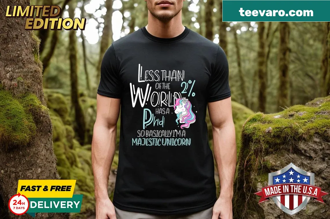 Graduation t-shirt featuring a unicorn and PhD design — on a men's t-shirt
