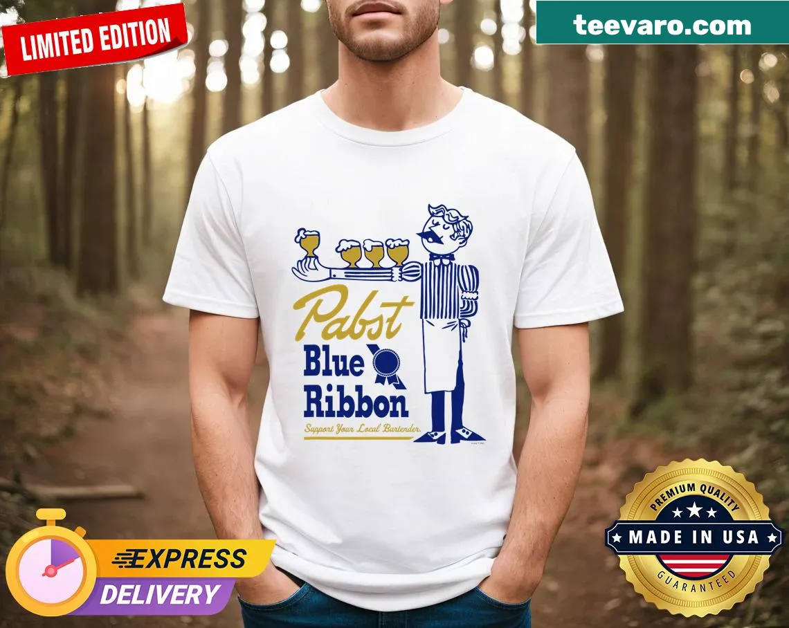 Vintage-style t-shirt with Pabst Blue Ribbon and bartender support text — on a men's t-shirt